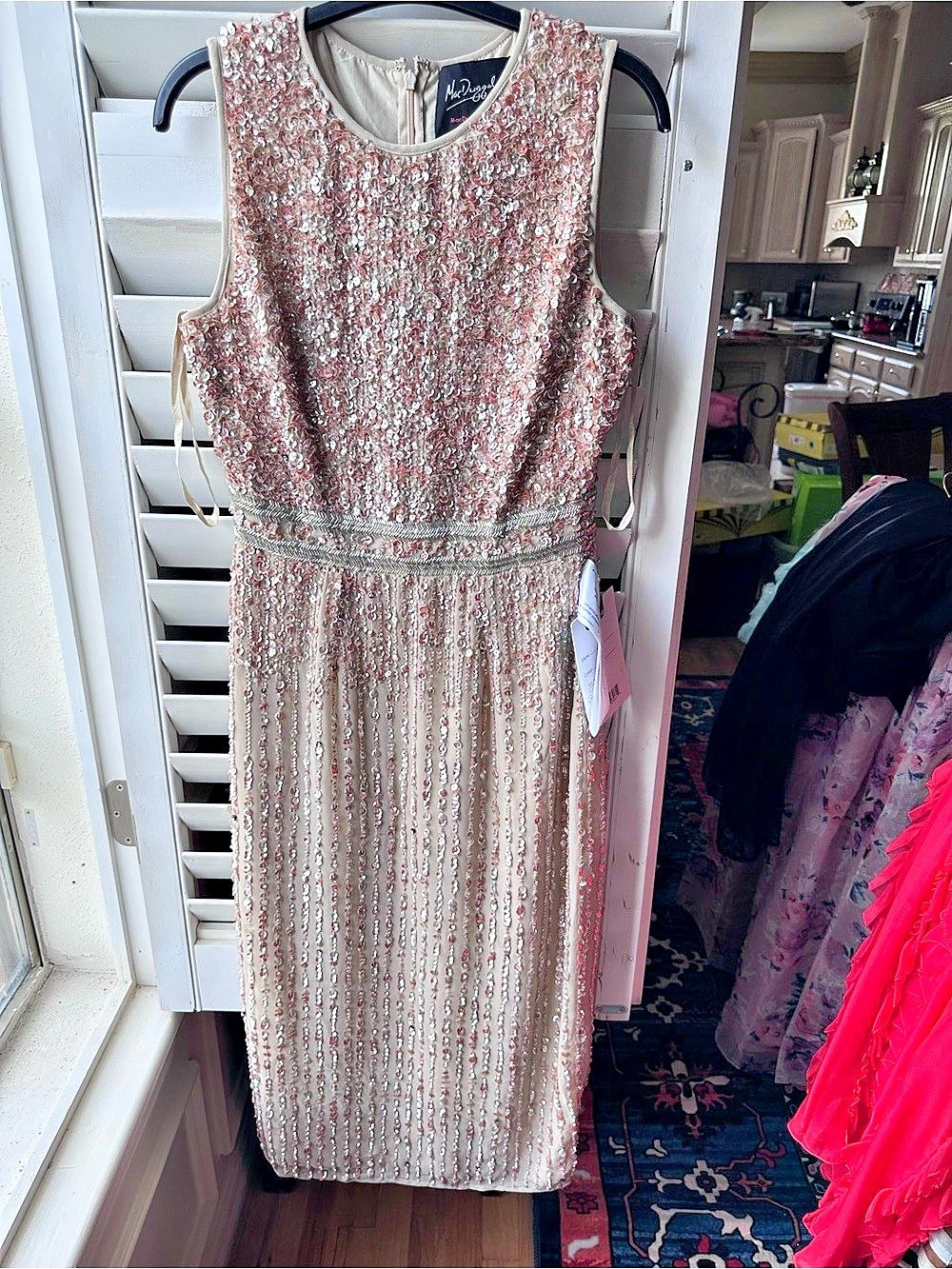 Mac Duggal Sequin Midi Dress in Pink & Silver Size 4 NWT